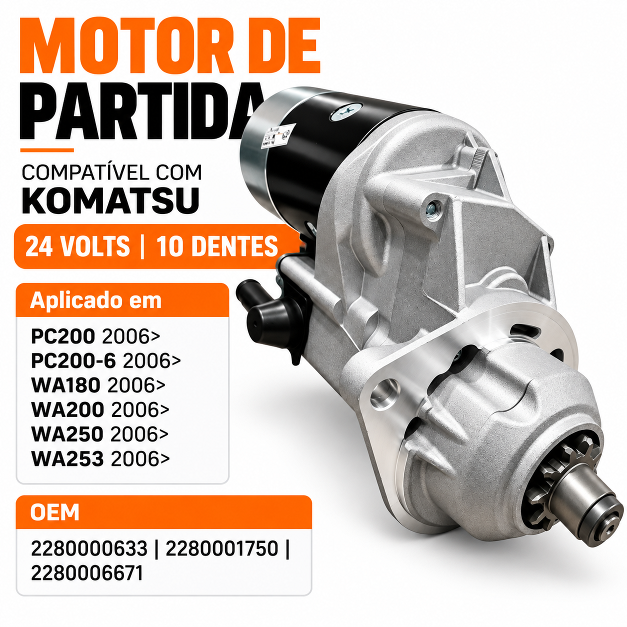Motor de Partida Komatsu PC200 WA120 WA180 WA250 WA253 Cummins 2 Furos - Imagem 2